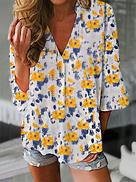 

Floral Loosen Shirts & Tops, Yellow, Long sleeve tops