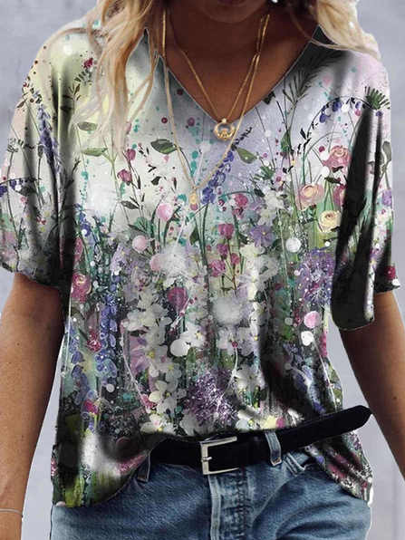 

V Neck Cotton Blends Floral Shirts & Tops, Multicolor, T-Shirts