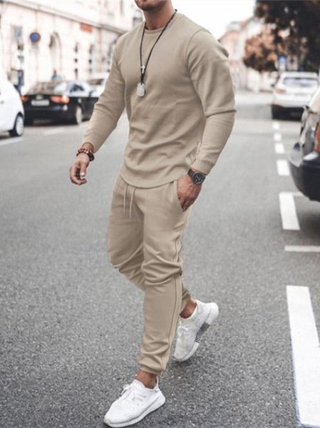 

Basic Crew Neck Solid Top With Pants Suits, Khaki, Men's sets