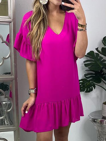 

Plain V Neck Short sleeve Woven Dress, Rose red, Dresses