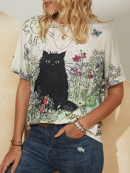 

Black cat print hot casual top T-shirt, Khaki, Tops