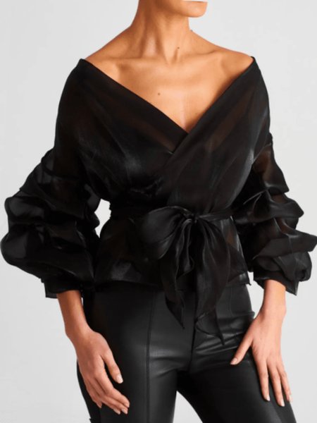 

Spring Plain Elegant V Neck Lightweight Date Long sleeve Tops, Black, Tops
