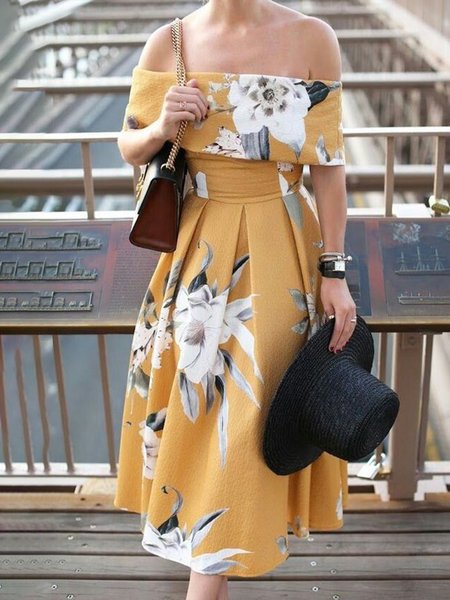 

Regular Fit Off The Shoulder Elegant Dress, Yellow, Maxi Dresses