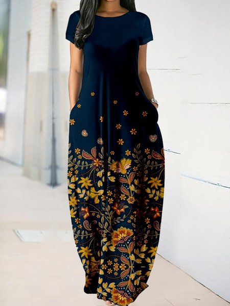 

Floral Print Casual Short Sleeve Round Neck Maxi Dresses, Navy blue, Maxi Dresses