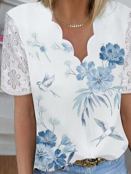 

Boho Heart-Shaped Collar Short sleeve tops, White, Tops