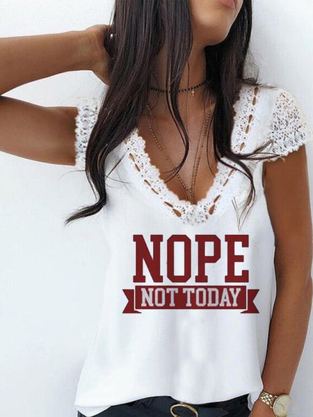 

Casual V Neck Cotton Blends Shirts & Tops, White, T-Shirts