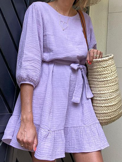 

Cotton Crew Neck Long sleeve Woven Dress, Light purple, Mini Dresses