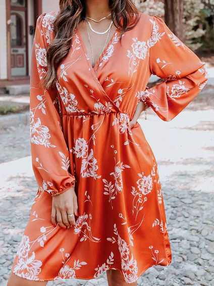 

V Neck Vacation Regular Fit Dresses, Orange, Mini Dresses