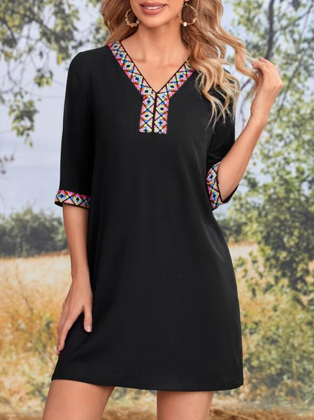 

Geometric Ethnic Ribbon Trim V-Neck Tunic Dress Ethnic Dresses, Black, Casual Dresses