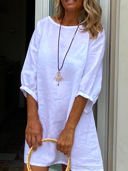 

Cotton Crew Neck Loosen Short sleeve Woven Dress, White, Mini Dresses