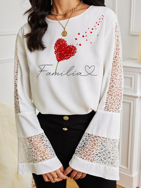 

Romantic Heart Letter Loosen Flare Sleeve Cotton Blends Crew Neck Long Sleeve T-shirt, White, T-Shirts