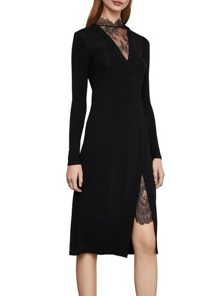 

Regular Fit Solid Elegant Long sleeve Dress, Black, Midi Dresses