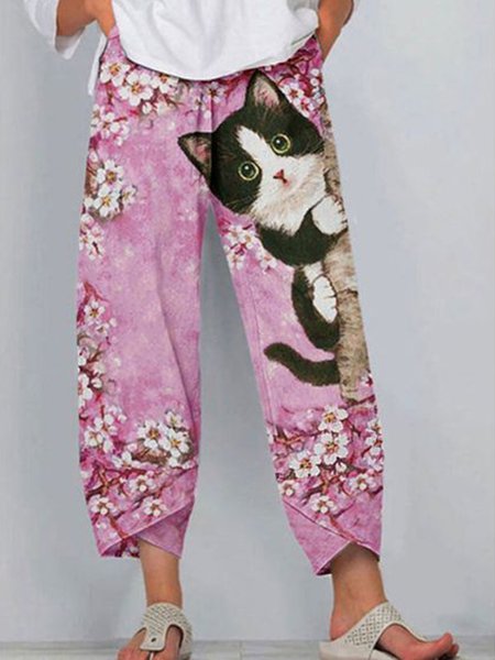 

Womens casual cat and flower print cropped trousers, Pink, Pants