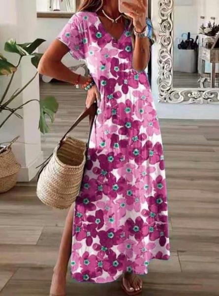 

Casual Vacation Cotton Blends Floral V Neck Maxi Dresses, Rose red, Floral Dresses