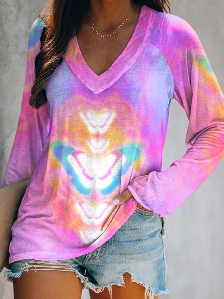 

Cotton Blends V Neck Loosen Shirts & Tops, Multicolor, Long sleeve tops