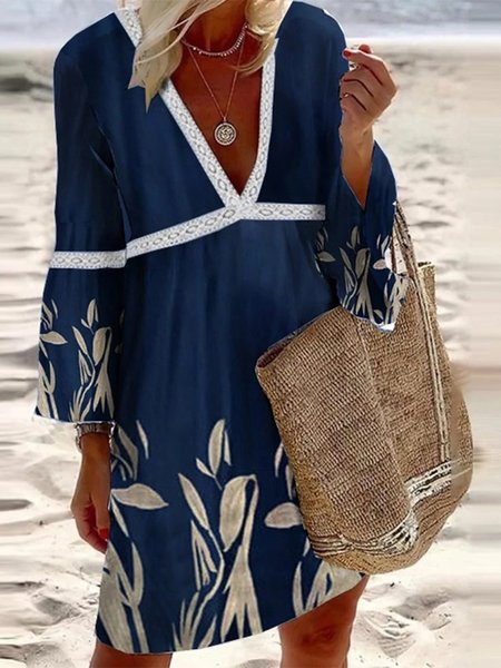 

Floral V Neck Lace Long Sleeve Casual Midi A-line Dresses, Deep blue, Mini Dresses