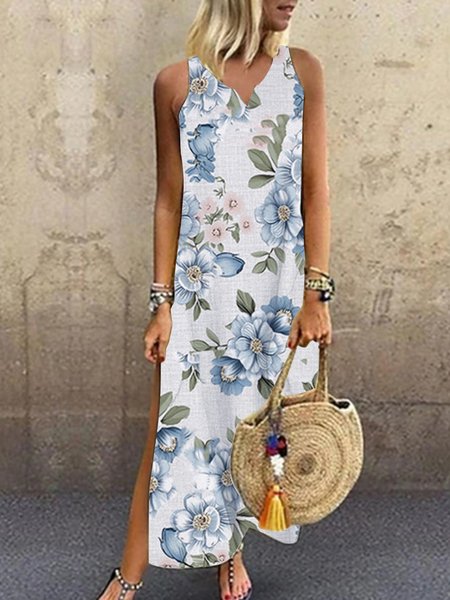 

Regular Fit Notched Vacation Geometric Floral Long Dresses, Blue, Maxi Dresses