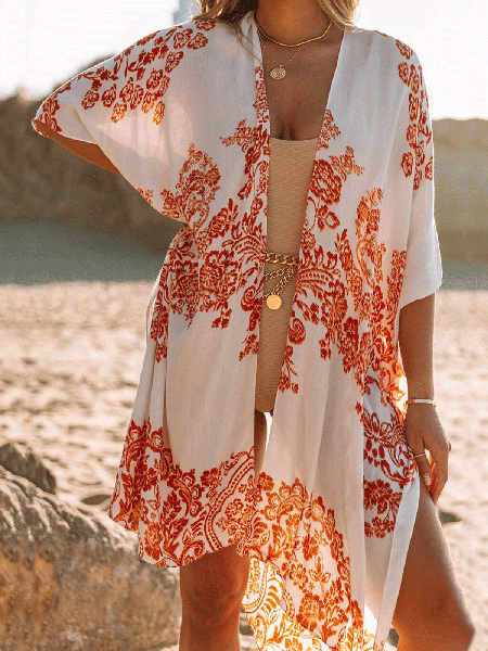 

floral mid-length side slits chiffon cover up, White, Cardigans