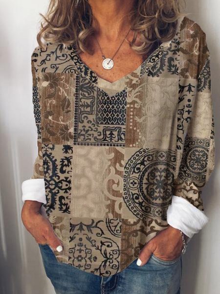 

Tribal V Neck Casual Long Sleeve Loosen Shirts & Tops, Multicolor, T-Shirts