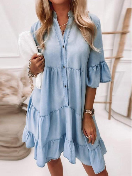 

Loosen V Neck Plain Casual Short sleeve women Dress, Blue, Casual Dresses