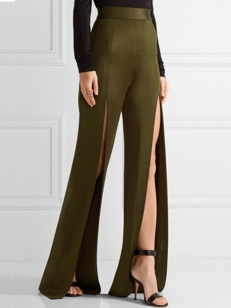 

Solid Regular Fit Front Slit High Waisted Pants, Green, Flared Pants