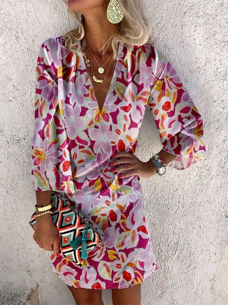 

Floral Cotton Blends Vacation V Neck Dresses, Red, Floral Dresses