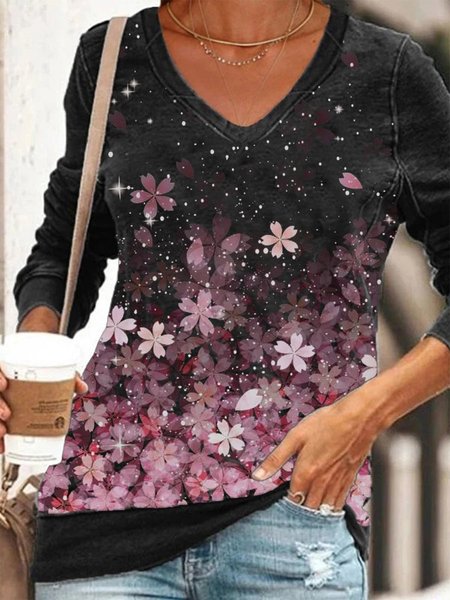 

Floral Cotton Blends V Neck Sweatshirt, Black, Hoodies & Sweatshirts