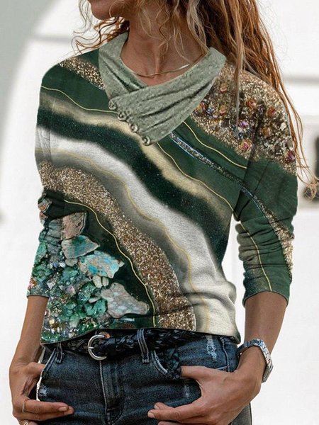 

Abstract Regular Fit Cowl Neck Shirts & Tops, Green, Long sleeve tops