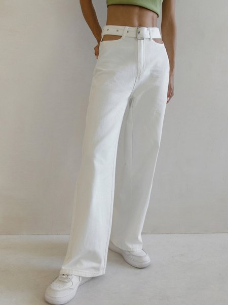 

Long Wide Leg Fashion Plain Daily Pants, White, Straight Leg Pants