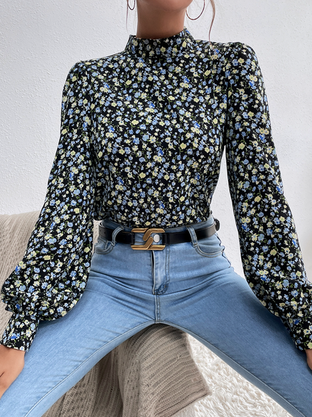 

Casual Stand Collar Floral Shirts & Tops, Blue, Long sleeve tops