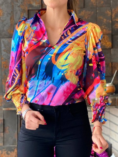 

Abstract Casual Long Sleeve Regular Fit Top, Multicolor, Tops