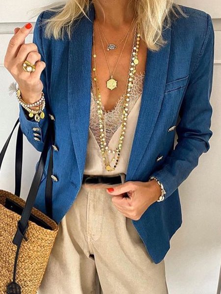 

Long Sleeve Buttoned Casual Outerwear, Blue, Coats & Jackets