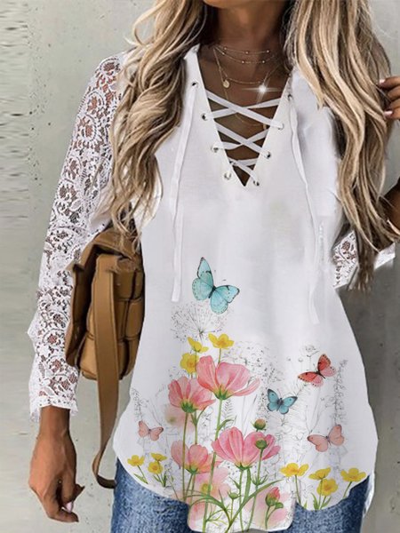 

V Neck Casual Cross Shirts & Tops, White, Tops