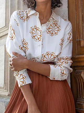 

Shirt Collar Loosen Floral Long Sleeve Blouse, White, Blouses & Shirts