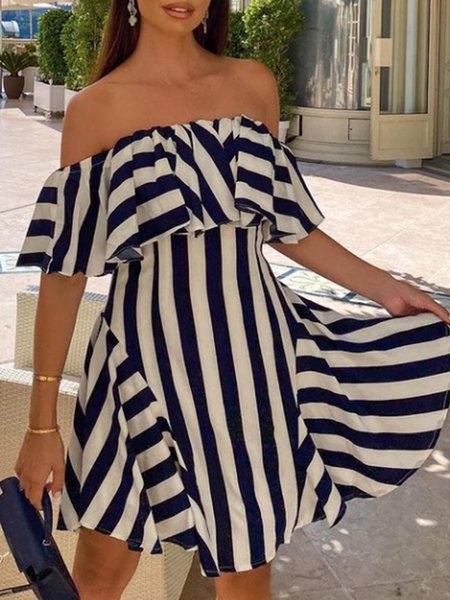 

Vacation Boat Neck Striped Flouncing Dress, Stripe, Mini Dresses