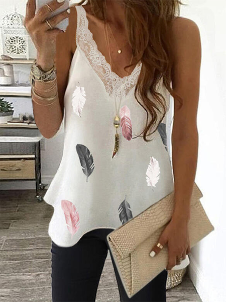 

Lace Feather V Neck Sleeveless Casual Vests, White, Tank Top