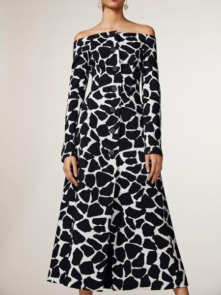 

Spring Fit and FlareX Geometric Off The Shoulder Regular Fit Long sleeve Woven Dress, Black, Maxi Dresses