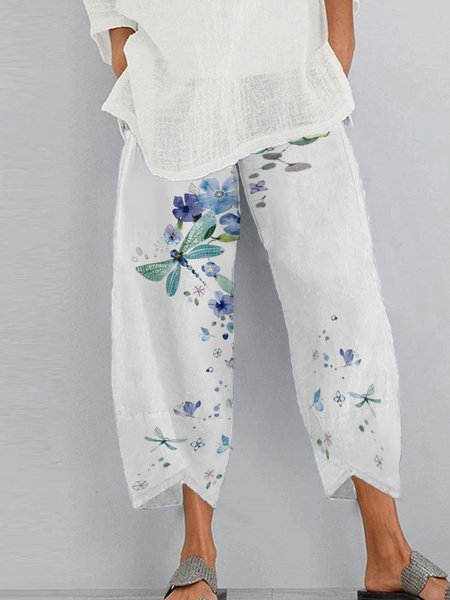 

Dragonfly Loosen Floral Linen Pants, White, Pants
