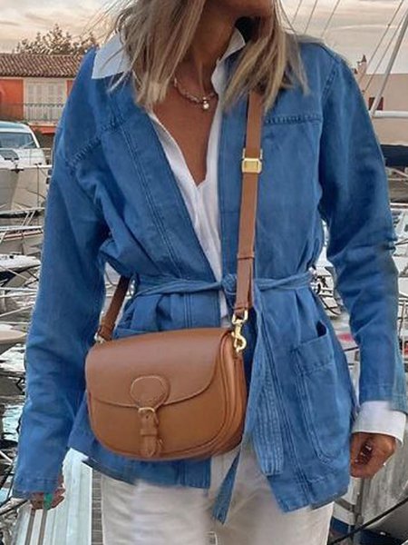 

Denim Solid Loosen Cardigan With Belt, Blue, Outerwear
