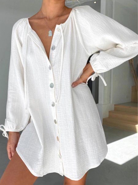 

Casual Crew Neck Buttoned Dress, White, Mini Dresses