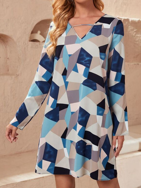 

Blue Geometric Print Cutout Tunic Dress V Neck Ombre Loosen Dresses, Casual Dresses