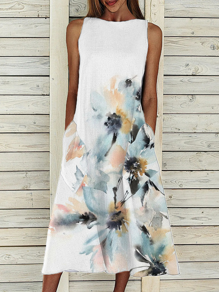 

Vacation Floral Notched Dresses, White, Floral Dresses