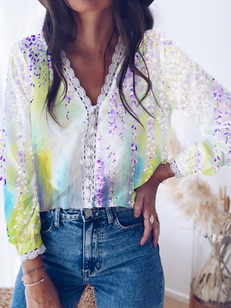 

Comfortable gradient printed lace stitching shows temperament and young designer spring new women's shirt, Multicolor, Blouses & Shirts