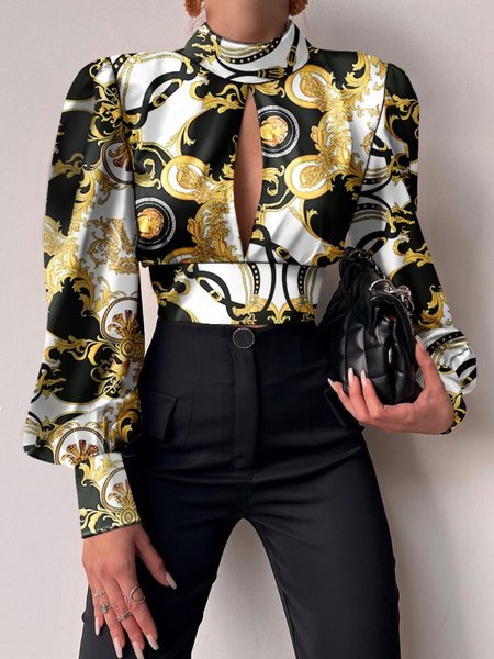 

Spring Stand Collar Elegant Lightweight Date Long sleeve Tops, Yellow, Tops