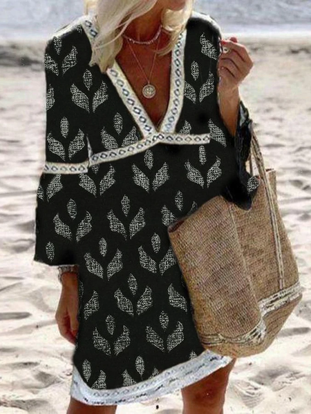 

V Neck Cotton Blends Vacation Dresses, Black, Mini Dresses