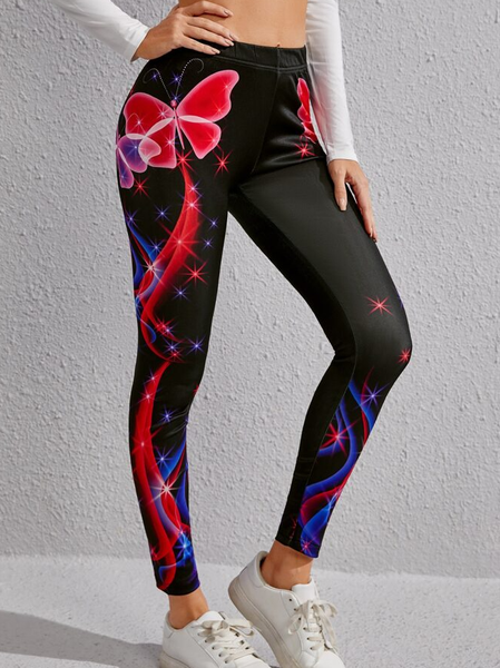 

Star & Butterfly Print Leggings Butterfly Pants, Black, Leggings