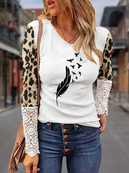 

Lace Feather Leopard Long Sleeve V Neck Plus Size Casual Tops, White, T-Shirts