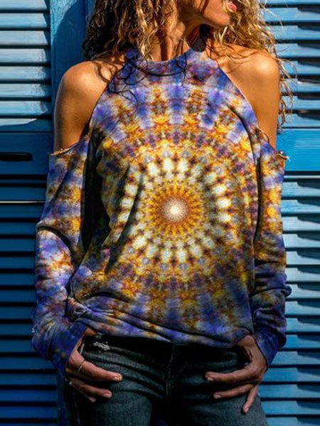 

Geometric Tribal Boho Loosen Cotton Blends Off The Shoulder Shirts & Tops, Flower, T-Shirts