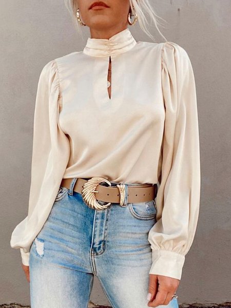 

Bishop Sleeve High Neck Plain Elegant Daily Top, Apricot, Tops