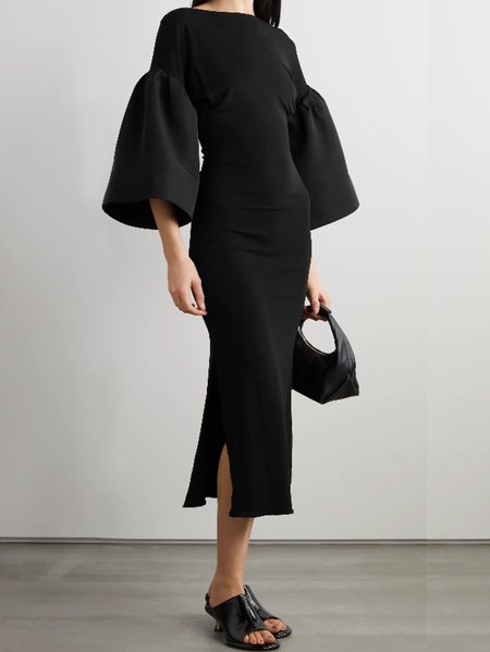 

Crew Neck Solid Flare Sleeve Black Dress, Midi Dresses